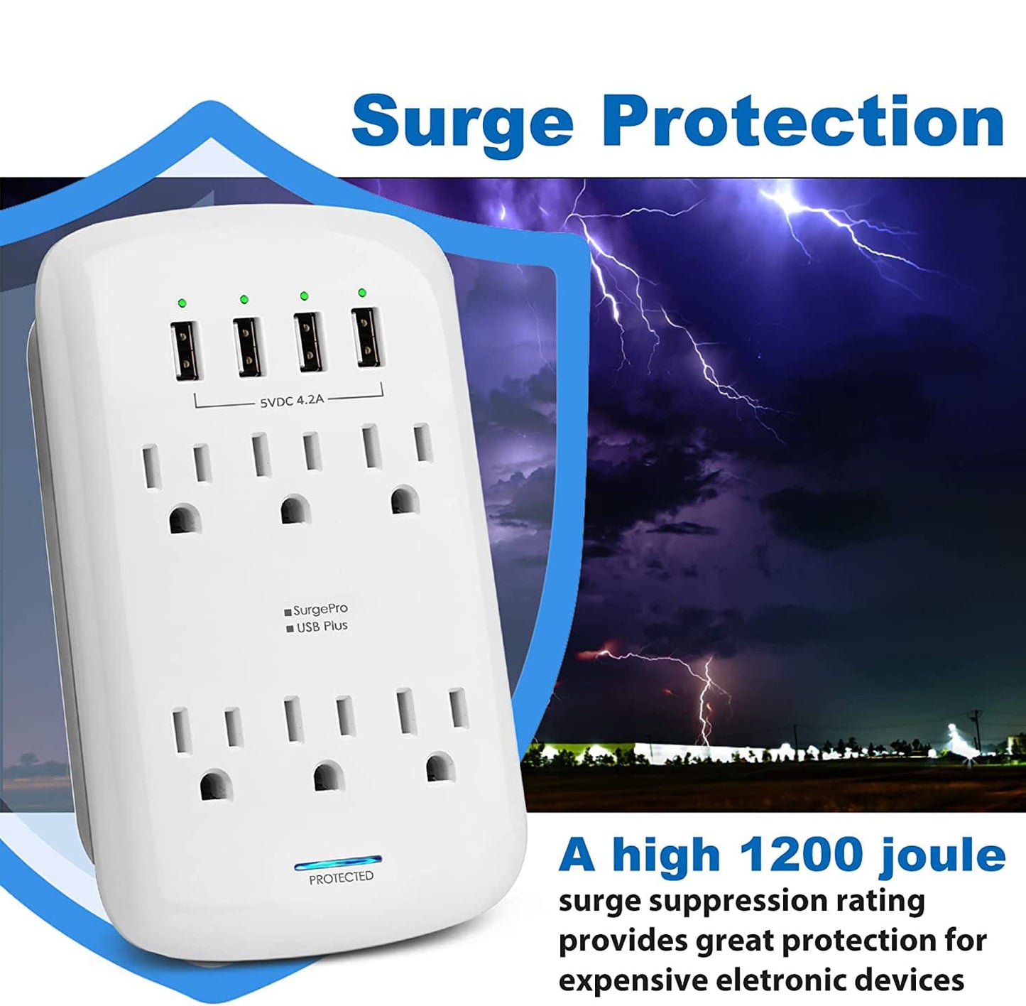 6 Outlet Extender With 4 USB Charger Ports