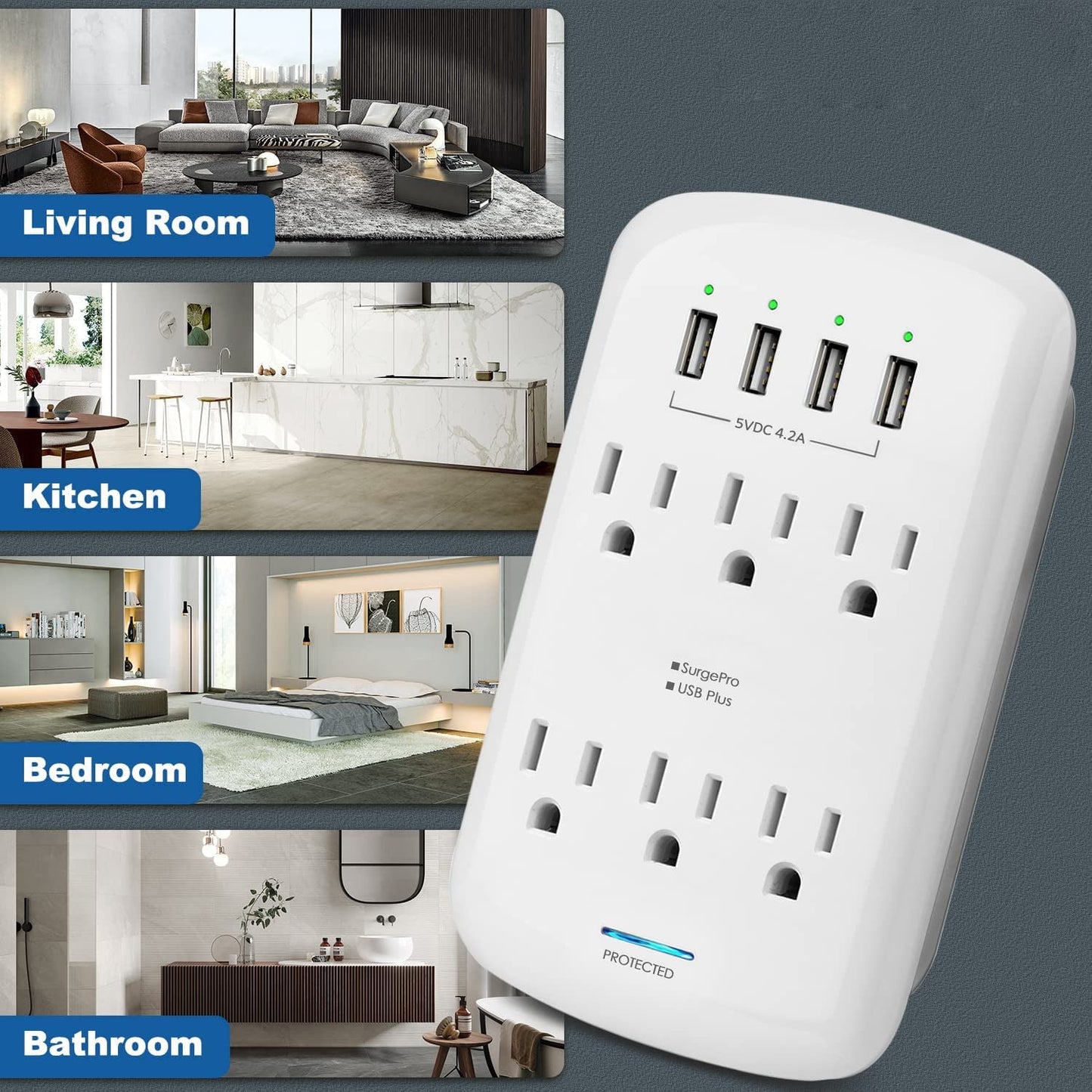 6 Outlet Extender With 4 USB Charger Ports